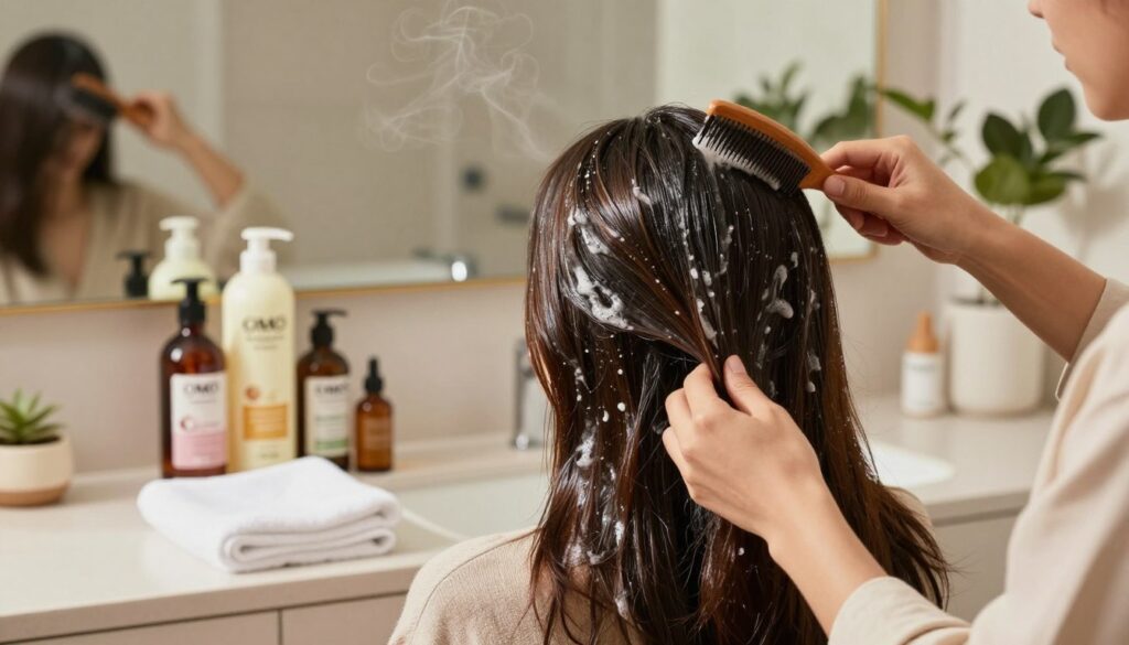 A beautiful bathroom scene showcasing the OMO hair care method for high-porosity hair. In the foreground, feature a stylish person with healthy, glossy hair, gently applying a moisturizing treatment with a comb. Their outfit is casual but neat, reflecting an everyday self-care routine. In the middle, display various hair care products like conditioners and oils artfully arranged on a countertop, with steam rising from a warm towel. The background includes a soft-focus mirror and plants enhancing the atmosphere of relaxation and self-pampering. The lighting is warm and inviting, simulating natural daylight, casting soft shadows that convey a soothing mood. The composition emphasizes the nurturing aspect of hair care, without any text or distractions.