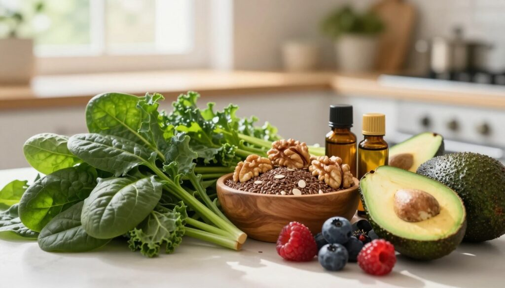 A beautifully arranged display of healthy foods supporting hair growth, prominently featuring leafy greens like spinach and kale in the foreground, accompanied by colorful fruits such as berries and avocados. In the middle, a wooden bowl with nuts and seeds, highlighting walnuts and flaxseeds, with essential oils in small bottles nearby. The background shows a softly blurred kitchen setting, with natural sunlight streaming through a window, casting warm, inviting light. The composition conveys a serene and nurturing atmosphere, symbolizing wellness and vitality. The image is bright and well-lit, utilizing a soft focus to emphasize the fresh ingredients, without any text or distractions.