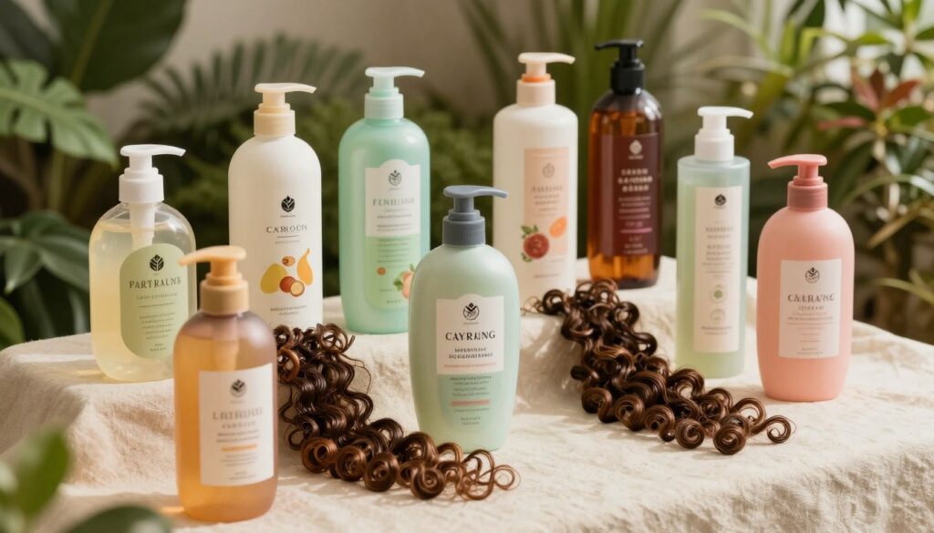A beautifully arranged display of various hair shampoos specifically for curly hair. In the foreground, showcase several elegant, colorful shampoo bottles with unique designs, each labeled to highlight their benefits for enhancing curls and moisturizing. In the middle, place a soft, natural fabric backdrop that complements the products, with a few delicate curly hair strands in a harmonious flow, symbolizing the texture. In the background, incorporate lush greenery and soft-focus botanical elements to evoke a fresh, natural vibe. Use warm, soft lighting to create an inviting mood, and capture the scene from a slightly elevated angle, emphasizing the products while ensuring clarity and richness in colors. The atmosphere should feel vibrant, welcoming, and informative, suitable for a beauty-focused context.