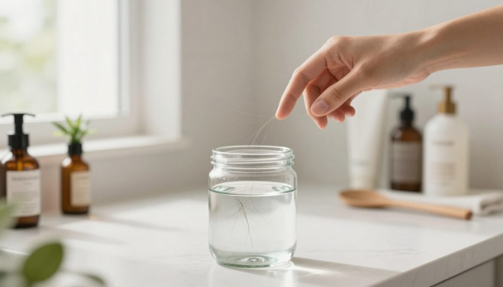 A beautifully arranged hair care testing setup in a bright, modern bathroom. The foreground features a clear glass jar filled with water, with a few strands of high-porosity hair floating on the surface, demonstrating a porosity test. In the middle, a gentle hand reaches toward the jar, showcasing a finger pointing to the hair, emphasizing the concept of assessment. Soft, natural light filters in from a window, creating a warm and inviting atmosphere. The background displays elegant, minimalist bathroom décor, including a small plant and neatly arranged hair care products. The composition captures a sense of calm and care, reflecting the thoughtful approach to evaluating hair health, all while maintaining a professional and cozy feel.
