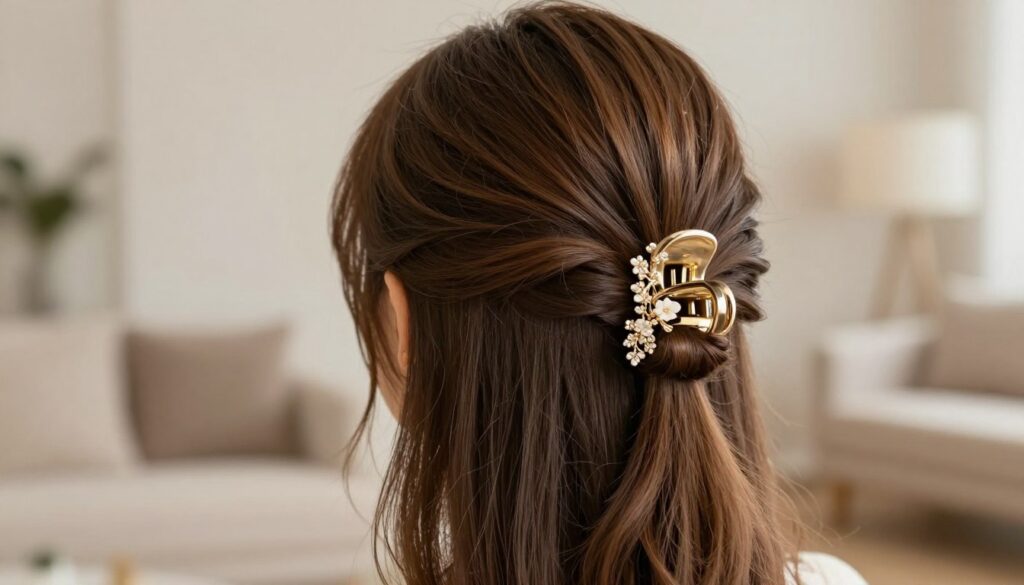 A beautifully styled close-up of an elegant hair clip (klamra do włosów) holding long, flowing hair in a chic updo. The foreground showcases the intricate design of the hair clip, adorned with delicate floral patterns and subtle embellishments. In the middle ground, the neatly gathered hair cascades elegantly, displaying a glossy finish that highlights the healthy texture. The background features a soft, blurred setting of a modern, well-lit room, suggesting a cozy and stylish atmosphere, perfect for daily wear or special occasions. The lighting is soft and warm, creating a welcoming and fashionable mood. The overall composition should evoke a sense of sophistication and simplicity, ideal for modern hairstyles.
