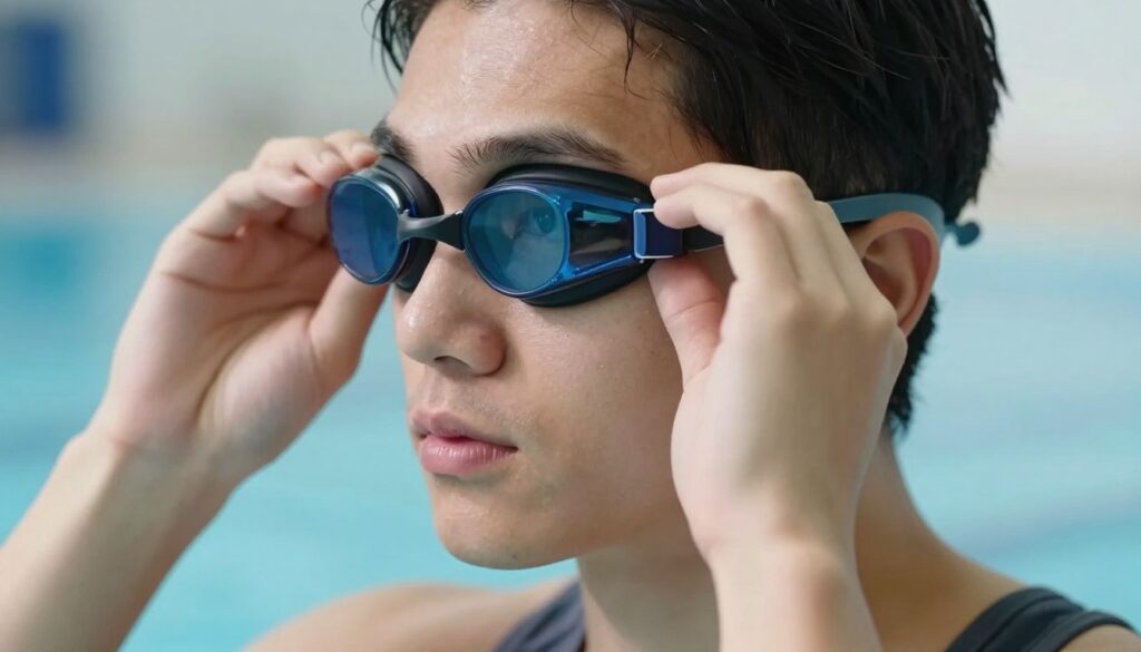 A close-up image featuring a side profile of a person fitting swimming goggles to their face, illustrating the concept of matching eyewear to facial contours. The person has a neutral expression, exuding confidence and concentration, dressed in modest casual clothing. Soft, diffused lighting highlights the unique features of the face and goggles, emphasizing the snug fit around the eyes and the contours of the cheekbones. In the background, a blurred swimming pool environment suggests an aquatic setting, enhancing the theme of swimming. The atmosphere is calm and focused, drawing attention to the importance of comfort and fit when choosing swimming eyewear. The angle captures both the face and the goggles clearly, showcasing how they align with facial shapes without any distractions.