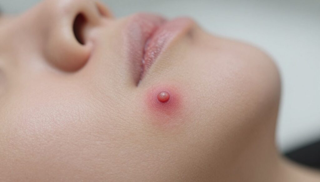 A close-up image of a red pimple on human skin, focusing on the irritated area around it. The foreground features a detailed view of the pimple with visible texture and inflammation, capturing the nuances of the skin's surface. In the middle ground, slightly blurred skin to emphasize the pimple, creating a clear contrast. The background should be softly out of focus, evoking a clinical and clean atmosphere, hinting at a beauty or skincare setting. Soft, diffused lighting highlights the pimple without harsh shadows, creating an informative yet delicate mood. The lens should be macro to capture intricate details, resulting in a professional and educational visual for an article on skincare.