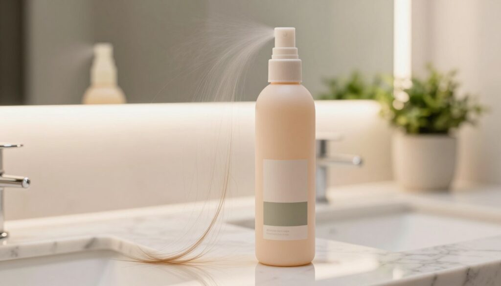 A close-up of a stylish spray texturizer bottle on a sleek, marble countertop. The bottle is opaque, elegantly designed with a matte finish, showcasing a simple label with a soft color palette. In the foreground, delicate strands of hair are lightly tousled, demonstrating the texturizing effect of the spray. The middle ground features a well-lit mirror reflecting a vibrant, airy bathroom environment with subtle greenery, like a small potted plant. The lighting is soft and warm, creating a serene atmosphere. The background is slightly blurred to keep the focus on the bottle and hair, emphasizing a natural, effortless beauty vibe. The angle is slightly tilted downward, capturing the essence of a beauty routine. A close-up of a stylish spray texturizer bottle on a sleek, marble countertop. The bottle is opaque, elegantly designed with a matte finish, showcasing a simple label with a soft color palette. In the foreground, delicate strands of hair are lightly tousled, demonstrating the texturizing effect of the spray. The middle ground features a well-lit mirror reflecting a vibrant, airy bathroom environment with subtle greenery, like a small potted plant. The lighting is soft and warm, creating a serene atmosphere. The background is slightly blurred to keep the focus on the bottle and hair, emphasizing a natural, effortless beauty vibe. The angle is slightly tilted downward, capturing the essence of a beauty routine.