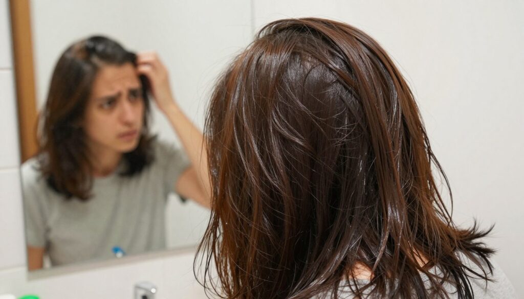 A close-up of greasy hair, showcasing its oily texture and strands sticking together, illuminated by soft, natural light to highlight the sheen. The foreground features a person with medium-length hair, dressed in a modest casual outfit, tilting their head slightly to reveal the roots and scalp. In the middle ground, a small mirror reflects the person's concerned expression while examining their hair. The background remains softly blurred, with hints of a bathroom setting, including a sink and toiletries, suggesting a personal care environment. Overall, the mood conveys concern and curiosity about hair health.
