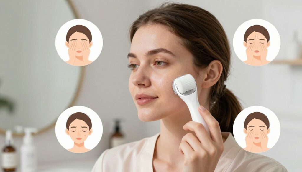 A close-up scene depicting a woman in a modest, professional outfit demonstrating the use of a sonic facial cleansing brush. The foreground features her applying the brush gently against her cheek, with the brush head displaying fine bristles. Surrounding her are common mistakes illustrated visually, such as excessive pressure and improper angle, represented by subtle illustrations or icons floating around. The middle layer consists of a bathroom setting, featuring soft, natural lighting that highlights the woman’s skin, giving a clean and fresh ambiance. The background includes a mirror and skincare products neatly arranged, adding to the theme of skincare routines. The mood is educational and encouraging, promoting a safe and effective facial care experience.