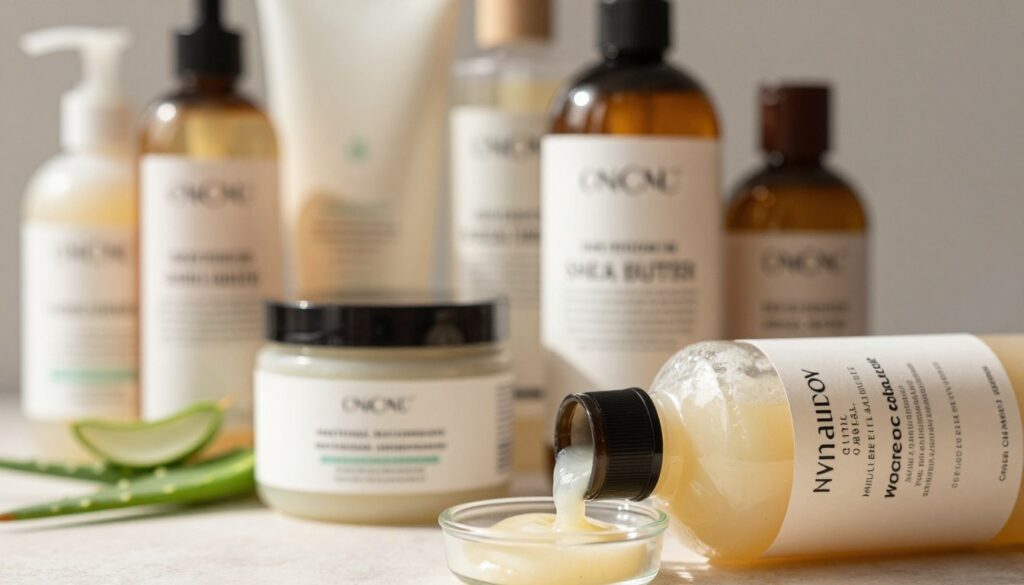 A close-up view of a beautifully arranged selection of hair care products specifically designed for curly hair, focusing on their ingredients. In the foreground, feature an open bottle of shampoo with a clear label revealing key natural ingredients like aloe vera, shea butter, and coconut oil. Highlight the texture of the shampoo by showing it partially poured into a small glass dish. In the middle, display several other products such as conditioners and styling creams, artistically placed. In the background, soft natural lighting casts gentle shadows, creating a warm and inviting atmosphere that evokes a sense of care and nourishment for curly hair. The overall composition emphasizes the importance of quality ingredients in hair care.