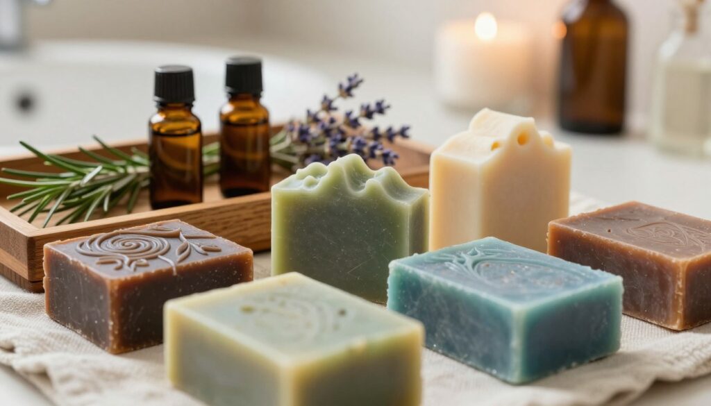 A close-up view of a beautifully arranged selection of natural hair soap bars, showcasing various textures, colors, and shapes. The foreground features a few elegant, artisanal soap bars with intricate designs and vibrant colors, including greens, blues, and browns, resting on a soft, neutral fabric. In the middle ground, display a rustic wooden tray with a few essential oils and fresh herbs, such as rosemary and lavender, enhancing the natural theme. The background contains a blurred bathroom setting with soft, warm lighting, highlighting an inviting and serene atmosphere. The angle should be slightly elevated, creating depth as if inviting the viewer to explore the benefits of these natural hair soaps.