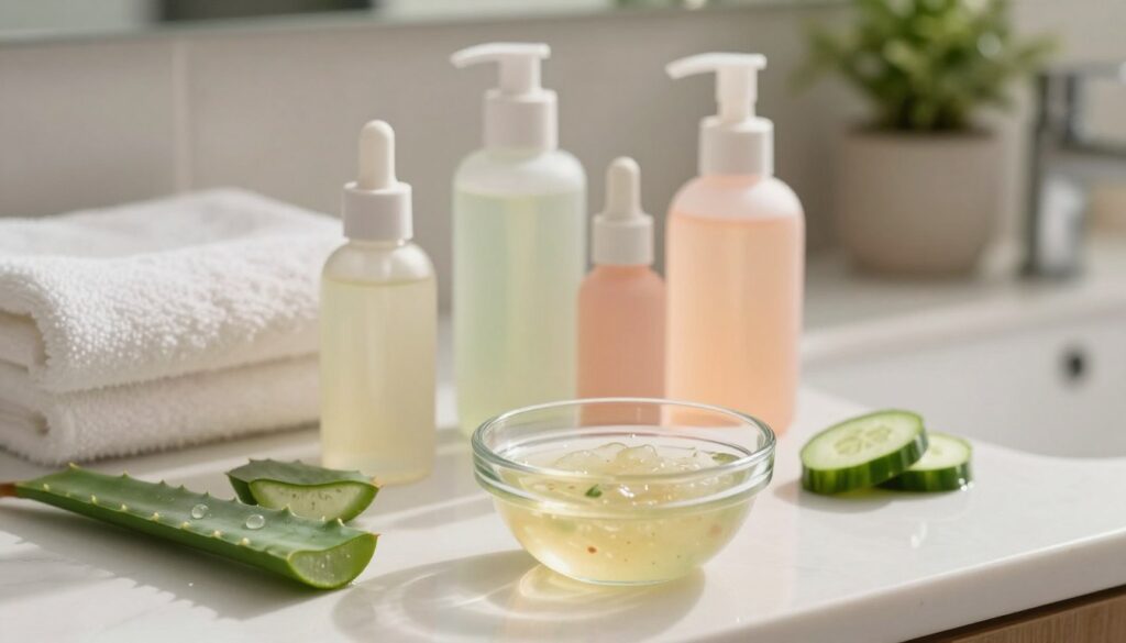 A close-up view of a clear, serene bathroom setting, featuring a well-organized countertop with soothing skincare products aimed at reducing redness from acne. In the foreground, a small, elegant glass bowl holds a DIY acne remedy with natural ingredients like aloe vera and cucumber slices. The middle features a neatly arranged set of skincare bottles, including a calming serum and a gentle moisturizer, all in soft pastel colors to evoke tranquility. The background is softly blurred, hinting at fluffy white towels and a touch of greenery from potted plants, enhancing the atmosphere of relaxation and care. The lighting is warm and natural, giving a peaceful and inviting ambiance, with soft shadows creating depth.