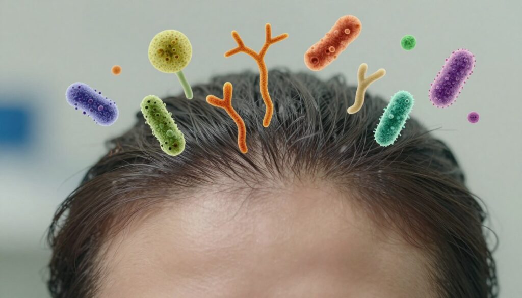 A close-up view of a healthy human scalp surrounded by microscopic illustrations showing a diverse range of scalp microorganisms, emphasizing the ecological balance of the microbiome. In the foreground, delicate skin textures are highlighted with soft, diffused lighting, creating a soothing, informative atmosphere. The middle ground features detailed graphics of yeasts and bacteria, rendered in bright colors to clearly illustrate their interactions. The background consists of a soft-focus blurred environment, suggesting a clinical or research setting. The overall mood is educational and engaging, inviting the viewer to explore the complexities of scalp health, with the use of a macro lens perspective to enhance detail and clarity, avoiding any human expressions or captions.