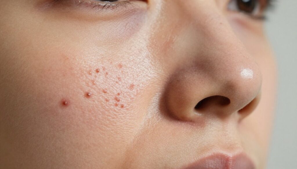 A close-up view of a human face exhibiting various types of zits, specifically focusing on blackheads and whiteheads. The skin should be portrayed in high detail, showing different textures and skin tones. In the foreground, highlight the individual skin blemishes, emphasizing their characteristics such as size and depth. The middle ground should feature soft, natural lighting that casts gentle shadows, enhancing the three-dimensional look of the face. The background should be a blurred, neutral tone, ensuring that the skin remains the focal point. The atmosphere should be clinical yet informative, suggesting a focus on skincare analysis. Use macro photography techniques to capture the intricate details of the skin while maintaining a clean and professional appearance.