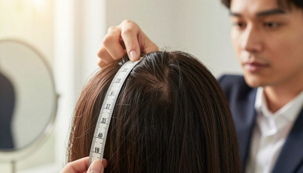 A close-up view of a person’s scalp with a measuring tape placed gently against the hair, illustrating the measurement of hair growth. The hair strands should be healthy and vibrant, showcasing various lengths to emphasize growth over time. In the background, a soft-focus mirror reflects subtle light, creating an airy atmosphere. The lighting is warm, suggesting a natural sunlight filter through a window, enhancing the texture and sheen of the hair. The subject is a professional individual dressed in smart casual attire, with a thoughtful expression, conveying focus and curiosity about hair growth. The overall mood is informative and engaging, inviting readers to consider their own hair growth journey.