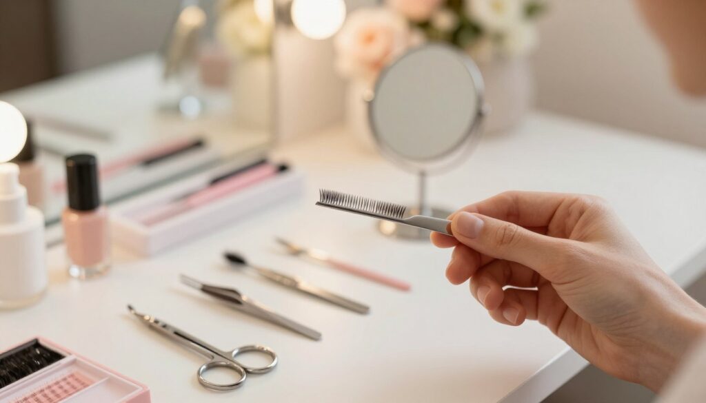 A close-up view of a well-organized makeup station in soft, warm lighting, showcasing the preparation for applying magnetic eyelashes. In the foreground, a hand elegantly holding a pair of magnetic eyelashes, emphasizing their sleek design. In the middle, an array of beauty tools like tweezers, scissors, and a small mirror, all neatly arranged, reflecting the natural light. The background features a blurred vanity with subtle floral decorations, creating a calming atmosphere. The composition should convey a mood of elegance and professionalism. The scene is devoid of any text or promotional elements, focusing solely on the preparation process in a cozy, inviting environment. A close-up view of a well-organized makeup station in soft, warm lighting, showcasing the preparation for applying magnetic eyelashes. In the foreground, a hand elegantly holding a pair of magnetic eyelashes, emphasizing their sleek design. In the middle, an array of beauty tools like tweezers, scissors, and a small mirror, all neatly arranged, reflecting the natural light. The background features a blurred vanity with subtle floral decorations, creating a calming atmosphere. The composition should convey a mood of elegance and professionalism. The scene is devoid of any text or promotional elements, focusing solely on the preparation process in a cozy, inviting environment.