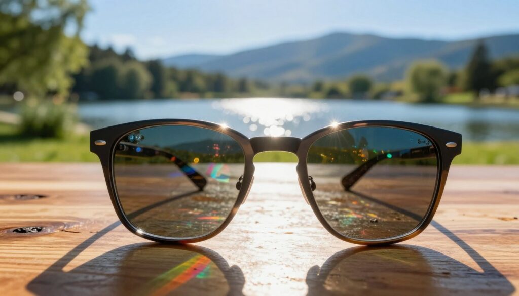 A close-up view of glasses reflecting intricate colorful light patterns, illustrating the phenomenon of glare. In the foreground, a pair of sleek, modern sunglasses rests on a polished wooden table, reflecting vivid rainbow hues from a bright, sunny landscape. The middle layer features an outdoor scene with sunlight glimmering over a calm lake and lush greenery, emphasizing the source of the glare. The background shows a distant mountain range under a bright blue sky. The lighting is warm and inviting, with sunlight creating distinct reflections on the lenses, capturing an ideal moment where reflections could hinder visibility. The atmosphere should evoke a sense of clarity and awareness of the effect of glare on vision. Aim for a realistic yet stunning portrayal that communicates the significance of reflections in everyday life.