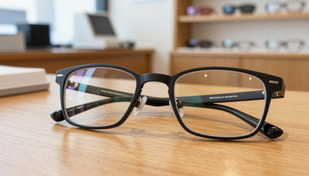 A close-up view of progressive eyeglasses, showcasing their unique multi-focal lenses. In the foreground, highlight the intricate lens structure with a focus on transitions between different magnifications. The middle layer features a pair of stylish eyeglasses placed on a smooth wooden surface, reflecting natural light that emphasizes the lens details. The background reveals a softly blurred optician's office setting, with professional equipment and colorful frames displayed on shelves. The overall atmosphere is warm and inviting, aiming to convey a sense of comfort and professionalism. Use soft, diffused lighting for a tranquil feel, capturing the essence of well-fitted eyewear that enhances vision clarity without strain.