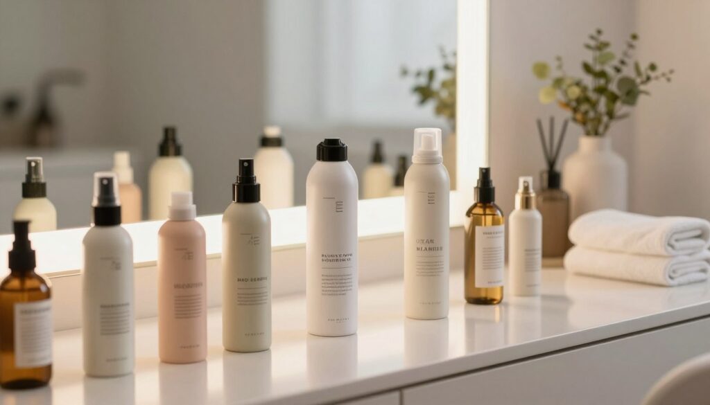 A collection of hair spray bottles elegantly arranged on a sleek, modern vanity table. The foreground features a close-up of a few stylishly designed hair sprays, showcasing labels with minimalistic and elegant typography, emphasizing their unique qualities. The middle ground reveals a well-lit mirror reflecting the products, with soft, warm lighting creating a welcoming ambiance. In the background, there are subtle hints of a stylish bathroom, with chic decor elements like plants and towels, conveying a sense of sophistication. The overall mood is bright and inviting, suggesting a perfect selection of hair sprays for styling without stiffness. The scene is captured from a slightly elevated angle to highlight the products and their surroundings beautifully. A collection of hair spray bottles elegantly arranged on a sleek, modern vanity table. The foreground features a close-up of a few stylishly designed hair sprays, showcasing labels with minimalistic and elegant typography, emphasizing their unique qualities. The middle ground reveals a well-lit mirror reflecting the products, with soft, warm lighting creating a welcoming ambiance. In the background, there are subtle hints of a stylish bathroom, with chic decor elements like plants and towels, conveying a sense of sophistication. The overall mood is bright and inviting, suggesting a perfect selection of hair sprays for styling without stiffness. The scene is captured from a slightly elevated angle to highlight the products and their surroundings beautifully.