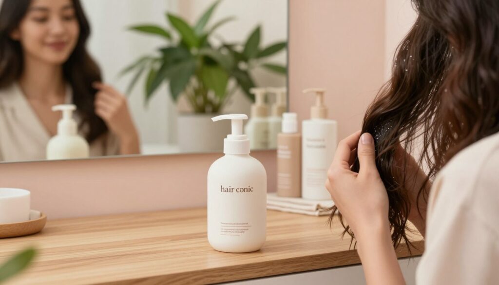 A cozy bathroom scene featuring a stylish ceramic bottle labeled "hair tonic" for hair thickening and growth, placed prominently on a wooden countertop. In the foreground, a hand gently applies the tonic to a woman’s scalp, showcasing the texture of her healthy hair in soft, natural light. The woman, depicted in modest casual clothing, has a peaceful expression, emphasizing the nurturing aspect of the hair care routine. In the middle ground, a mirror reflects a lush indoor plant and neatly arranged hair care products, enhancing the inviting atmosphere. The background includes soft pastel colors, creating a calming space. The overall mood is serene and empowering, representing self-care and confidence in enhancing hair volume and growth.