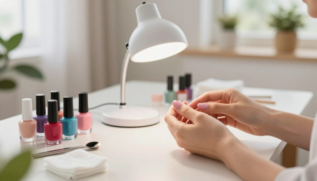 A cozy home manicure setup featuring a neatly arranged table with a variety of nail polish bottles in vibrant colors, tools, and cotton pads. The foreground shows a person's hands, elegantly manicured with a professional-looking hybrid gel finish. In the middle, a small LED lamp is used to cure the nails, casting a soft glow on the hands. In the background, a backdrop of a bright, tidy room with plants and natural light coming in from a window adds warmth to the scene. The atmosphere conveys a sense of comfort and professionalism, inviting the viewer to consider the benefits of doing a hybrid manicure at home versus a salon visit. The overall lighting should be bright and airy, enhancing the cheerful mood of self-care and creativity.