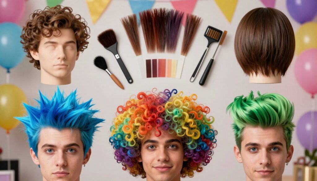 A creative depiction of various hairstyles showcasing a vibrant palette of hair colors, textures, and lengths, emphasizing humor and whimsy. In the foreground, portray three male characters with exaggerated and playful hairstyles: one with neon blue spiky hair, another with a curly rainbow afro, and a third sporting a sleek, glossy green quiff. The middle layer should include a variety of hair color swatches and styling tools, beautifully arranged for artistic flair. In the background, a colorful, festive setting resembling a party atmosphere with soft, diffused lighting that enhances the lively mood. The scene should convey a sense of fun and celebration, inviting viewers to explore the playful world of quirky male hairstyles suitable for events.