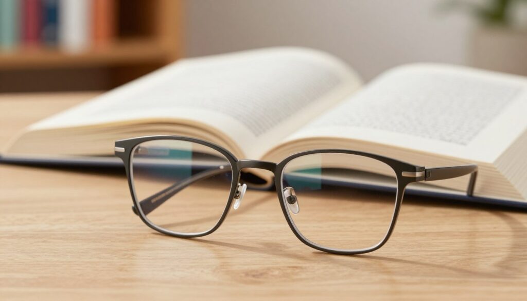 A detailed arrangement of reading glasses prominently displayed in the foreground, with a stylish and modern design featuring a thin, lightweight frame. The lenses should have a slight reflection to suggest they are new and ready for use. In the middle ground, an open book lies flat, with crisp pages and soft lighting casting gentle shadows, emphasizing the reading context. The background softly blurs to create a cozy reading nook, with warm hues, perhaps a wooden table and a hint of a bookshelf filled with colorful books. The overall mood is inviting and serene, ideal for illustrating the topic of reading glasses, with natural, diffuse light giving a clear, pleasant ambiance.