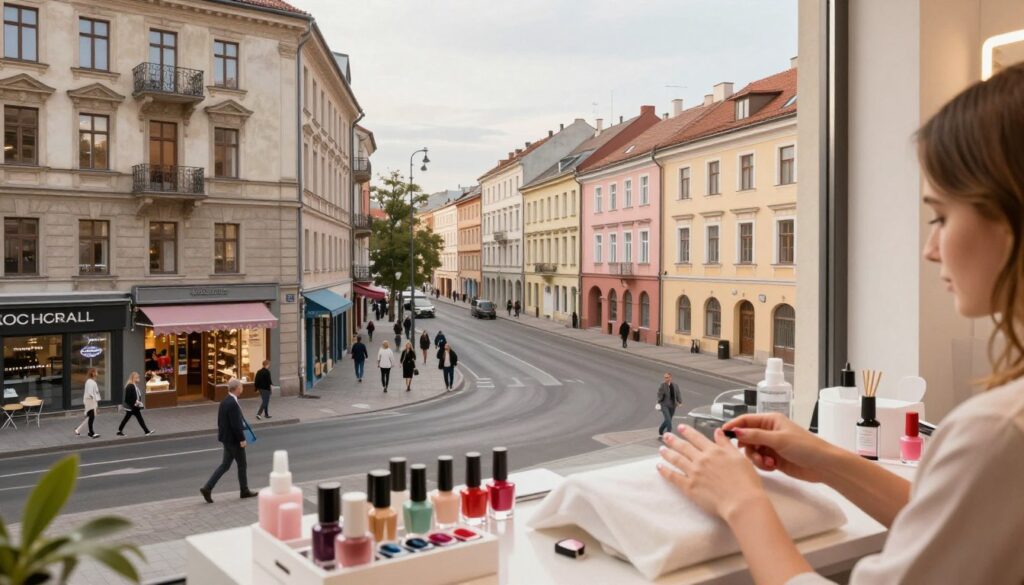 A detailed cityscape scene illustrating price differences in manicure services between large cities and small towns. In the foreground, a chic salon with a modern aesthetic showcasing a manicure station with vibrant nail polish colors. The middle ground features a bustling city street in Warsaw, with urban elements like tall buildings, pedestrians in professional attire, and small shops. In contrast, the background shows a quaint small town with pastel-colored buildings, evoking a cozy atmosphere. Soft, warm lighting enhances the inviting nature of both locations, underscoring the theme of contrast. The angle is slightly elevated, allowing a panoramic view of both environments. The overall mood is engaging and informative, with an emphasis on beauty and lifestyle.