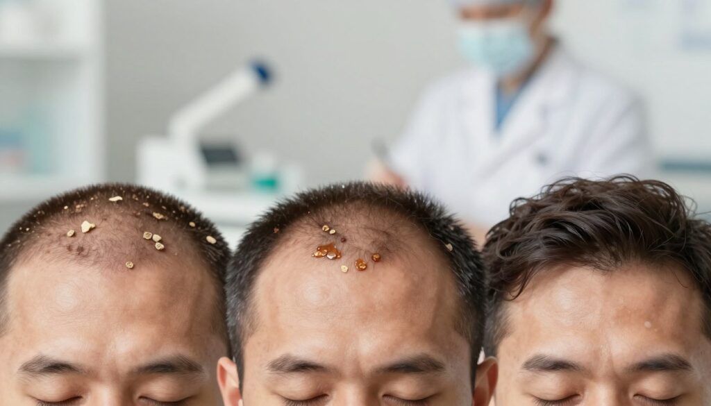 A detailed, educational illustration showcasing different types of dandruff on various human scalp textures. In the foreground, close-up views of three distinct scalp areas: one with dry, flaky dandruff, another displaying oily flakes, and the third showing a scalp affected by fungal conditions, represented in a realistic, scientifically accurate manner. The middle layer includes a softly blurred, neutral background of a clinical setting, emphasizing cleanliness and professionalism, with soft, even lighting that highlights the textures and colors of the scalp. Incorporate a gentle, informative atmosphere, suggesting a sense of understanding and awareness about these common conditions. The angle should be slightly overhead, providing a comprehensive view while maintaining a focus on the details of the dandruff types.
