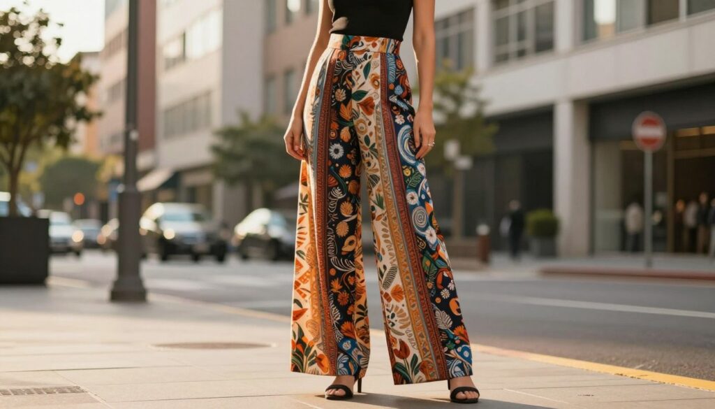 A fashionable woman stands confidently in a stylish urban setting, showcasing wide-leg trousers made of lightweight fabric and vibrant patterns. The soft fabric flows gracefully around her legs, creating an elegant silhouette. She pairs the trousers with a fitted top, emphasizing a modern yet relaxed look. The scene is set on a sunlit city street, with warm golden hour lighting casting a flattering glow on her attire. The background features blurred city buildings and greenery, enhancing the contemporary fashion vibe. The overall atmosphere is lively and fashionable, capturing the essence of current trends in casual wear, while the focus remains on the woman's outfit and its fashionable appeal.