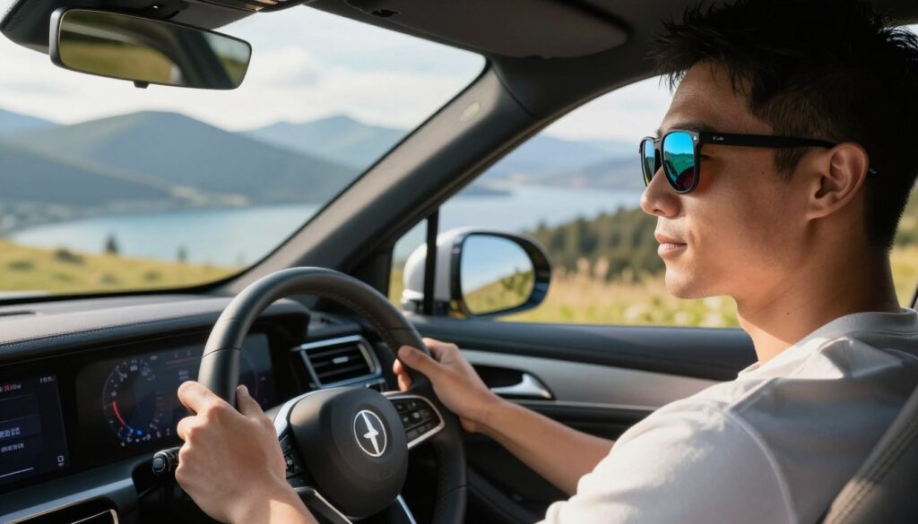 A professional driver wearing stylish polarized sunglasses, sitting in a sleek, modern car parked at a scenic viewpoint. In the foreground, focus on the driver's hands resting on the steering wheel, showcasing the sunglasses reflecting clear blue skies and vibrant colors of nature. In the middle ground, the car’s dashboard glows softly, hinting at high-tech features. The background features a breathtaking landscape with mountains and a lake, bathed in warm sunlight, creating a serene and inviting atmosphere. Use a slightly elevated angle to capture the driver's profile against the stunning backdrop. The lighting should be bright and natural, emphasizing clarity and the contrast of colors, reflecting the benefits of polarized lenses in daily life.