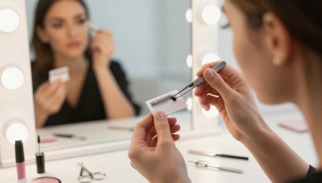 A professional makeup artist at a well-lit vanity table, demonstrating the common mistakes in applying magnetic eyelashes. In the foreground, close-up of the artist's hands holding tweezers and a set of magnetic lashes, showcasing a misaligned lash. In the middle ground, a mirror reflects the artist's concerned expression, highlighting the importance of precision in application. In the background, neatly arranged tools such as lash glue, scissors, and a compact mirror, all bathed in soft, natural light. The mood is informative and focused, conveying a sense of professionalism and care in beauty application. Use a shallow depth of field to emphasize the action at the table while softly blurring the background. A professional makeup artist at a well-lit vanity table, demonstrating the common mistakes in applying magnetic eyelashes. In the foreground, close-up of the artist's hands holding tweezers and a set of magnetic lashes, showcasing a misaligned lash. In the middle ground, a mirror reflects the artist's concerned expression, highlighting the importance of precision in application. In the background, neatly arranged tools such as lash glue, scissors, and a compact mirror, all bathed in soft, natural light. The mood is informative and focused, conveying a sense of professionalism and care in beauty application. Use a shallow depth of field to emphasize the action at the table while softly blurring the background.