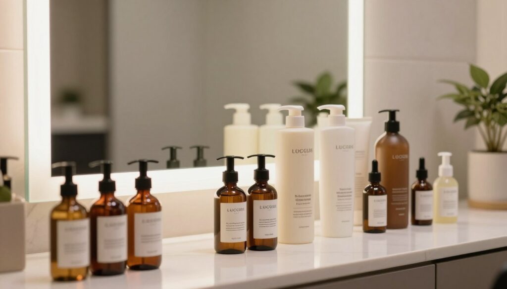 A professional salon setting showcasing a variety of hair care products specifically for hair thickening. In the foreground, a neatly arranged selection of serum bottles, shampoos, conditioners, and ampoules, all displayed on a sleek countertop. The middle ground features a stylish bathroom mirror reflecting the products, with soft, warm lighting illuminating the scene, creating an inviting atmosphere. In the background, there are subtle hints of greenery and decorative elements for tranquility. The overall mood should convey a sense of professionalism and relaxation, suggesting an effective hair care routine. The image should capture the essence of a well-thought-out plan for hair density enhancement, emphasizing the importance of combinations in hair treatment.