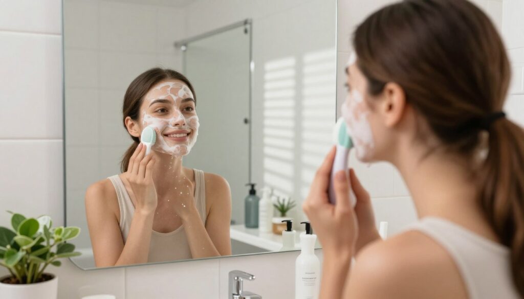 A professional woman using a facial cleansing brush in a bright, modern bathroom. The foreground features her gently scrubbing her face with the brush, showcasing the product's effectiveness, with foam and water droplets visible. In the middle, a mirror reflects her smiling, fresh-faced expression, revealing the rejuvenating effects of the cleansing process. The background includes tidy bathroom decor, such as potted plants and neatly arranged skincare products. Soft, natural lighting enhances the scene, casting gentle shadows that create a serene atmosphere. The image should be shot from a slightly elevated angle, emphasizing the woman's engagement with her skincare routine, conveying a sense of calm and self-care.