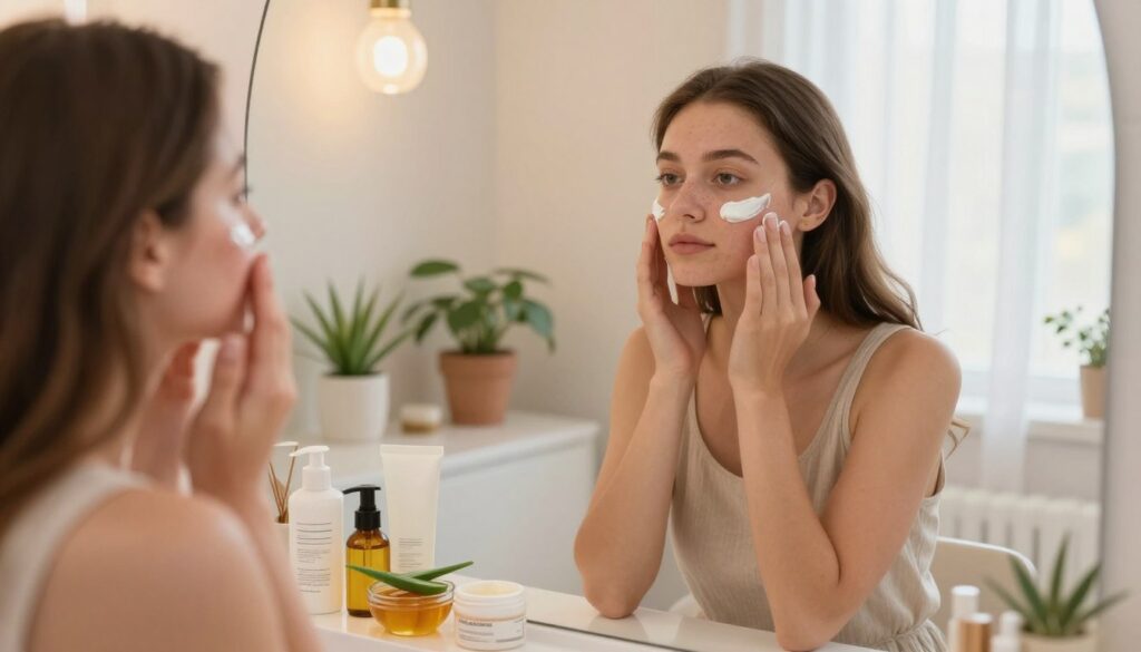 A serene and calming skincare scene, featuring a modestly dressed young woman in a well-lit bathroom. She is gently applying a soothing cream to her face while looking thoughtfully into a mirror. The foreground showcases various skincare products arranged neatly on the counter, including gentle cleansers, moisturizers, and a bowl of natural ingredients like honey and aloe vera. In the middle, the bathroom has soft pastel colors, potted plants, and a softly glowing chandelier. The background displays a tranquil window revealing a gentle sunlight filtering through sheer curtains. The mood is peaceful and reflective, emphasizing self-care and the importance of treating skin gently to avoid scarring or worsening acne. Angle the shot slightly from above to create an intimate perspective.