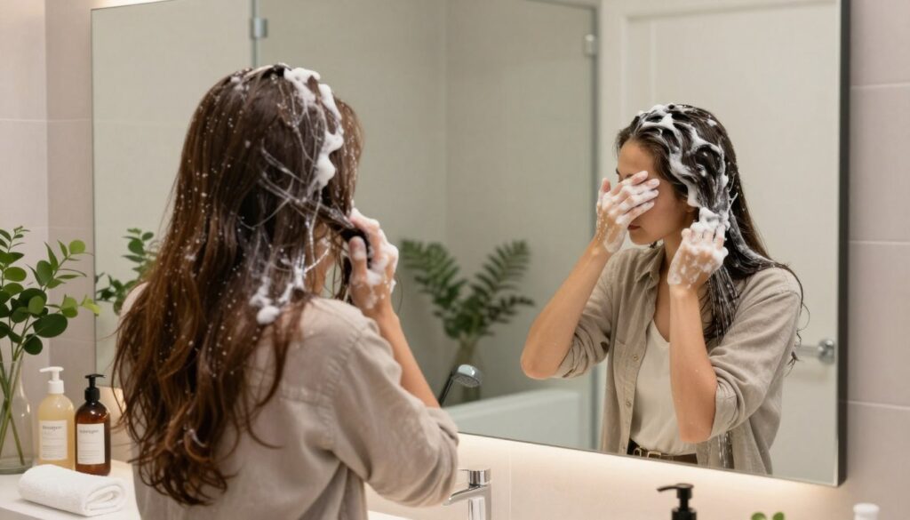 A serene bathroom setting featuring a person with long, healthy hair, standing in front of a large mirror while washing their hair with a gentle shampoo. The subject, wearing modest casual clothing, demonstrates a step-by-step hair washing technique, with one hand applying shampoo and the other rinsing out the hair under a rainfall showerhead. The background includes soft lighting that creates a calming atmosphere, with plants gently placed around the bathroom to evoke freshness. The countertop displays hair care products, such as bottles labeled "shampoo" and "conditioner," with a fluffy towel nearby. The angle captures both the mirror reflection and the actions clearly, emphasizing the importance of proper hair care practices.