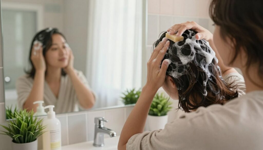 A serene bathroom setting with soft, natural lighting. In the foreground, a person with medium-length hair, dressed in a modest casual outfit, is gently massaging a bar of soap into their scalp, showcasing a lather of soap bubbles. Their expression is one of relaxation and contentment. In the middle ground, a mirror reflects the scene, with bottles of hair products and a small potted plant on the sink counter, adding a touch of greenery. The background features soft pastel tiles and a window with sheer curtains, allowing soft sunlight to filter in, creating a warm and inviting atmosphere. The overall mood is calm and informative, focusing on hair care and hygiene.