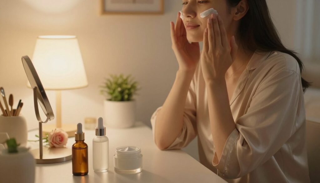 A serene evening skincare routine scene, featuring an organized vanity table illuminated by soft, warm light from a nearby lamp. In the foreground, a glass bottle of facial serum and a jar of moisturizer are artistically arranged beside a delicate rose and a small mirror. In the middle, a woman with minimal makeup and modest loungewear gently applies cream to her face, her expression reflecting tranquility and self-care. The background shows subtle hints of a calming home environment, with a small plant and cozy decor, creating an intimate and calming atmosphere. The overall mood should convey relaxation and beauty, captured from a slightly elevated angle to emphasize the skincare products and the woman's caring gestures.