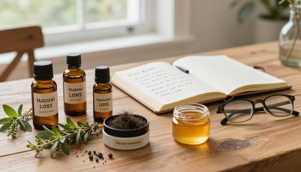 A serene indoor environment featuring a wooden table with various natural remedies for hair loss displayed attractively. In the foreground, a selection of organic herbs, essential oils, and a small glass jar of honey, all in beautifully labeled containers, are arranged artfully. In the middle ground, a stylishly designed open notebook with handwritten notes about common causes of hair loss, alongside a pair of reading glasses. The background showcases soft, diffused natural light filtering through a window, illuminating the rustic decor. The mood is calm and informative, emphasizing a holistic approach to hair health. Capture this scene with a soft focus to create a soothing atmosphere, avoiding any distractions from the focal elements.