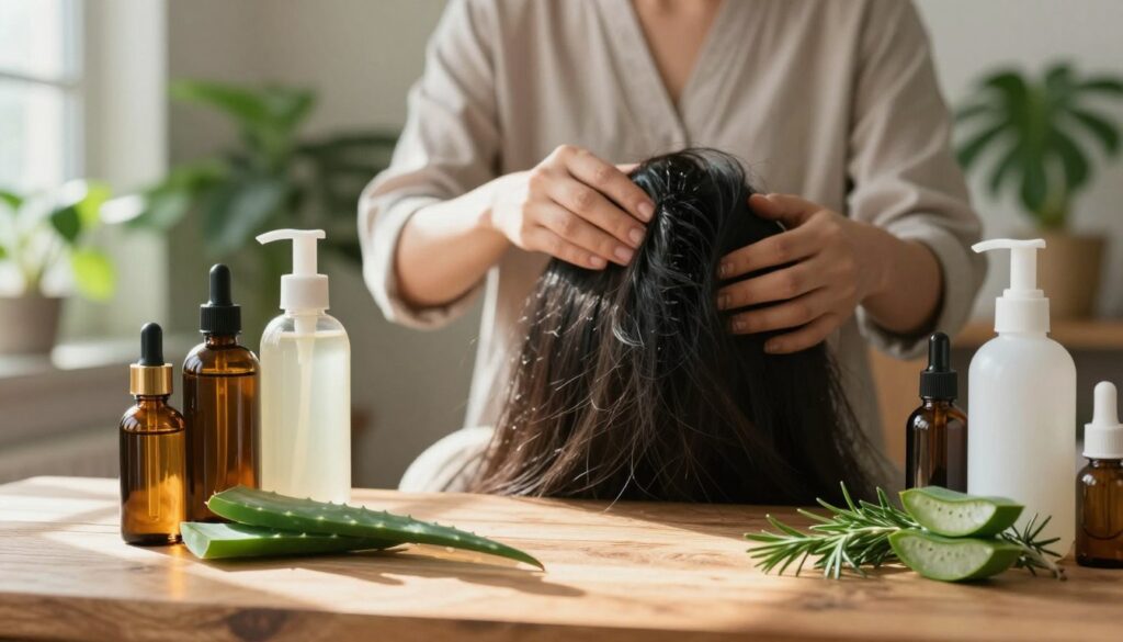 A serene indoor setting emphasizing hair care and growth. In the foreground, a close-up of elegantly arranged hair care products like oils, serums, and natural ingredients like aloe vera and rosemary sprigs, displayed on a beautifully textured wooden surface. In the middle, a professional person with modest casual clothing is gently massaging their scalp, highlighting a peaceful routine fostering hair growth. Soft, natural light streams through a nearby window, casting warm shadows and creating a calming atmosphere. In the background, lush green plants symbolize nourishment and vitality, enhancing the overall feeling of health and rejuvenation. The scene should evoke a sense of tranquility and focus on self-care, capturing the essence of boosting hair growth.