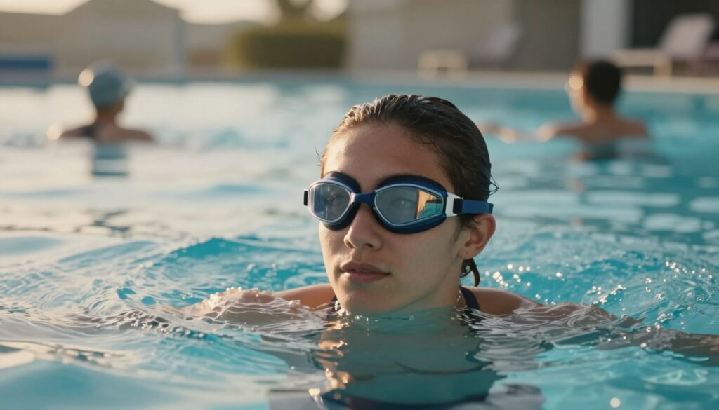 A serene swimming pool environment showcasing an individual wearing comfortable, well-fitted swimming goggles. In the foreground, focus on the person's face, highlighting the clarity and wide field of vision provided by the goggles. Their expression is relaxed and confident, suggesting excellent visibility under water. The middle ground features gentle rippling water, reflecting soft sunlight that illuminates the scene, creating a calming atmosphere. In the background, blurred silhouettes of swimmers in the pool add depth, emphasizing the importance of good visibility while swimming. The lighting is warm and inviting, enhancing the peaceful mood of the setting, with an overall focus on the functionality and comfort of swimming goggles for various settings.