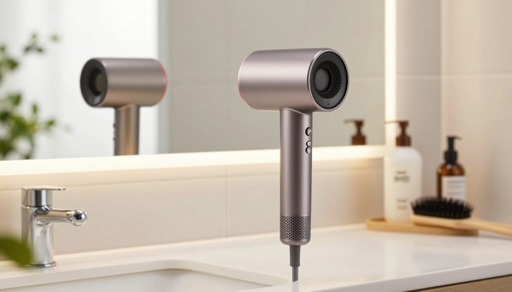 A sleek, modern hair dryer placed prominently in the foreground on a stylish bathroom counter, designed with a glossy finish and ergonomic shape. In the middle ground, a mirror reflects soft, natural light coming from a nearby window, highlighting the hair dryer’s innovative features such as adjustable heat settings, a diffuser attachment, and a sleek nozzle. On the counter, there are a few hair care products like serums and brushes that emphasize hair health. The background captures a serene bathroom atmosphere with light-colored tiles and gentle greenery, creating an inviting and calming mood. Use a warm color palette with bright, soft lighting to enhance the freshness of the scene, and capture the image from a slightly elevated angle to showcase all elements clearly. Focus on creating a clean and professional aesthetic.
