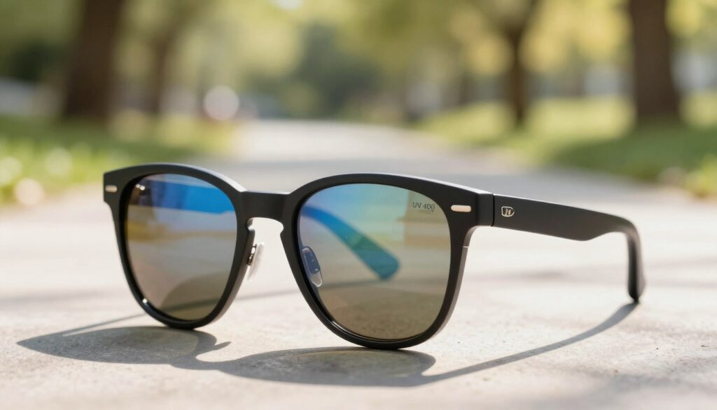 A sleek, modern pair of UV 400 sunglasses displayed prominently in the foreground, capturing the light with a stylish and reflective lens. The sunglasses should have a contemporary frame design, perhaps a combination of black and metallic accents. In the middle background, a soft-focus scene of a sunny outdoor setting with gentle sunlight filtering through trees, creating dappled shadows on the ground. The overall atmosphere should evoke a sense of protection and style, highlighting the sunglasses as essential for eye safety. The image should be bright and vibrant, emphasizing the clarity provided by UV 400 protection, with no text or additional elements present in the composition.