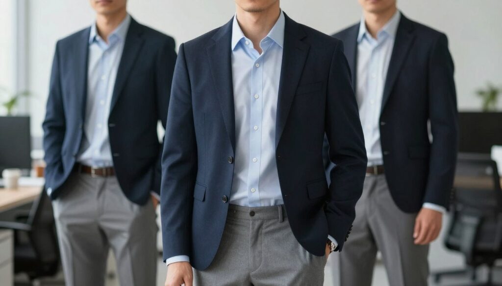 A sophisticated ensemble featuring a well-fitted dress shirt layered beneath a tailored blazer, paired with elegant gray trousers. The shirt has a light, textured fabric in a soft pastel color, possibly light blue or subtle lavender, providing a fresh contrast. The blazer is dark navy, complementing the gray pants perfectly. In the foreground, the attention is on the meticulous details of the fabrics, like the crisp collar and sleek lapels. The middle ground showcases a blurred office setting with soft, diffused lighting that enhances the professional atmosphere. The background contains hints of modern office décor, creating a stylish yet professional mood. The image is captured from a slightly elevated angle, emphasizing the outfit while maintaining a clean and sophisticated aesthetic.