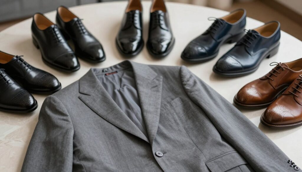 A sophisticated gray suit displayed prominently in the foreground, featuring a tight fit with sharp tailoring. The suit's texture should be detailed, showcasing subtle patterns and variations in the shade of gray. In the middle ground, several pairs of shoes in various styles—oxfords, loafers, and brogues—are arranged around the suit, each in shades that complement the suit's tone, such as black, navy, and tan. The background should be softly blurred to create an elegant ambiance, incorporating soft lighting that highlights the fabric of the suit and the shine of the shoes. The overall mood is chic and polished, resonating with a high-fashion aesthetic, captured from a slightly elevated angle to emphasize the ensemble's sophistication.
