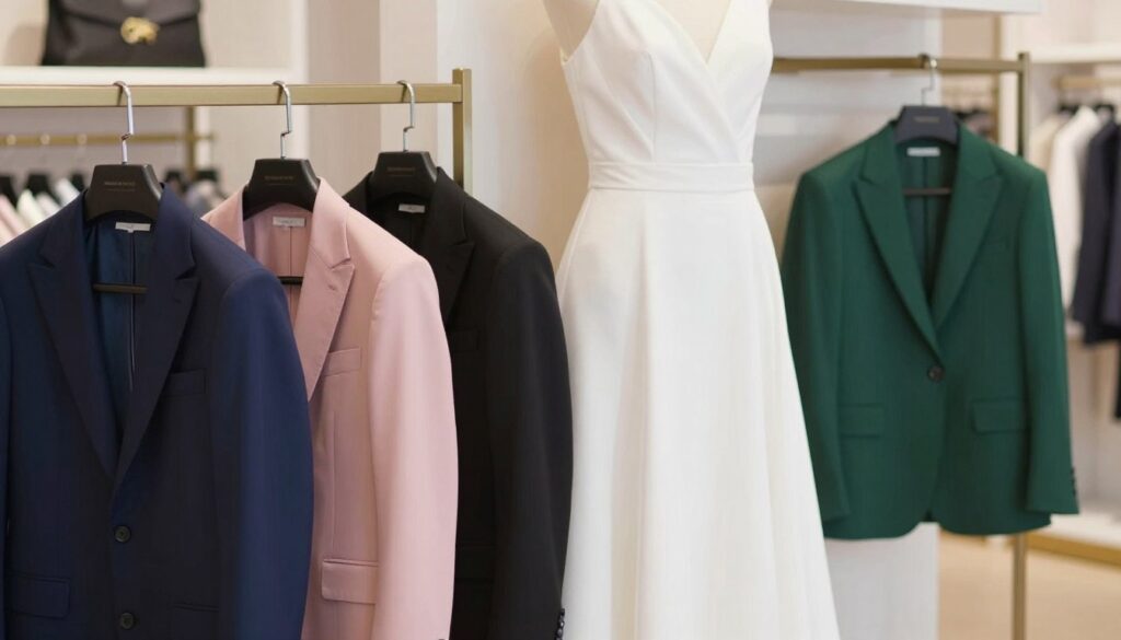 A stylish array of blazer colors suitable for pairing with a white dress, elegantly displayed. In the foreground, showcase a variety of blazers in hues such as navy blue, soft pastel pink, classic black, and rich emerald green, all neatly arranged on elegant hangers. The middle ground features a delicate white dress draped gracefully, complementing the blazers, with flowing fabric that adds a touch of sophistication. In the background, a subtle, softly blurred setting of a chic boutique or stylish room adds depth. The lighting is soft and inviting, creating a warm and stylish atmosphere. Focus on capturing the refined elegance of daytime and special occasion attire without any people in the scene. The overall mood is fashionable and aspirational, perfect for a style-oriented article.