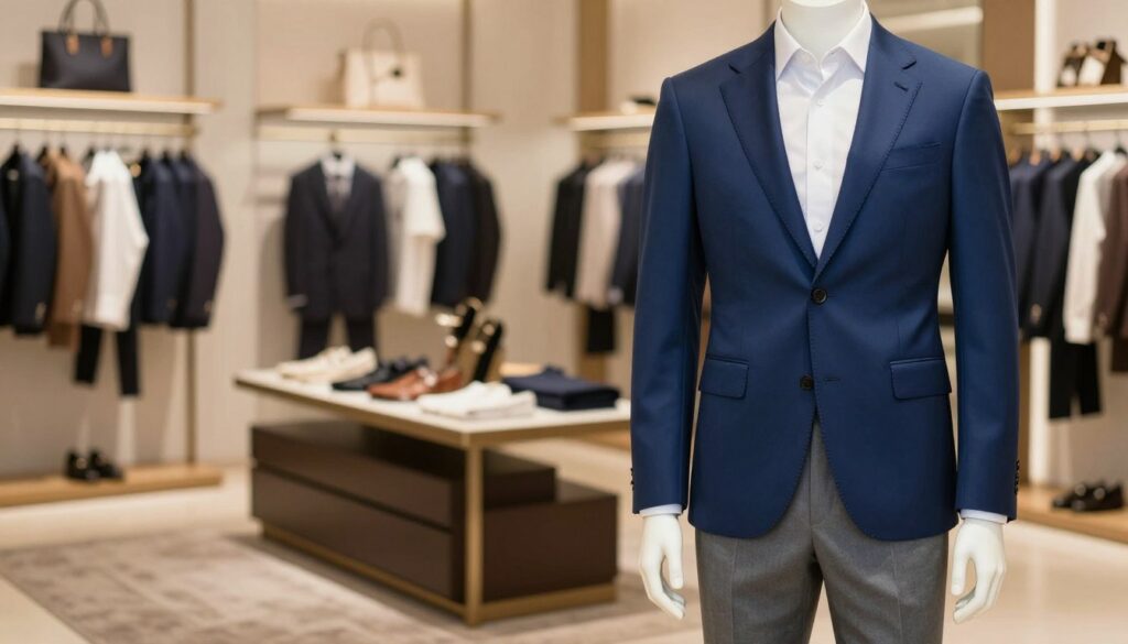 A stylish blue blazer (granatowa marynarka) tailored for a professional look, perfectly fitted over crisp gray trousers. The blazer features sleek lapels and subtle stitching details, exuding elegance. In the foreground, a well-dressed mannequin stands confidently, showcasing the outfit. The middle ground includes a softly lit upscale clothing boutique, with plush carpet and soft lighting that highlights the blazer's rich color. In the background, a blurred display of various fashion accessories complements the attire, enhancing the sophisticated atmosphere. The lighting is warm and inviting, emphasizing the textures and colors in the image. Capture a polished and refined mood, ideal for guiding readers on fashionable combinations suitable for different occasions and styles.