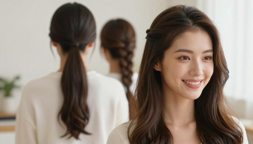 A stylish, close-up view of a woman with long, flowing hair, showcasing three distinct everyday hairstyles suitable for casual settings. The foreground features the woman smiling, her hair styled in a simple, half-up half-down look, with soft waves cascading down her shoulders. The middle layer includes the additional hairstyles, one being a sleek low ponytail and another an elegant side braid, subtly blended in the background. The scene is well-lit with soft, natural light, creating a warm and inviting atmosphere. The background is a softly blurred, light-colored interior setting, enhancing the focus on the hairstyles. Capture the essence of quick, practical yet fashionable styling that can be achieved in just a few minutes.