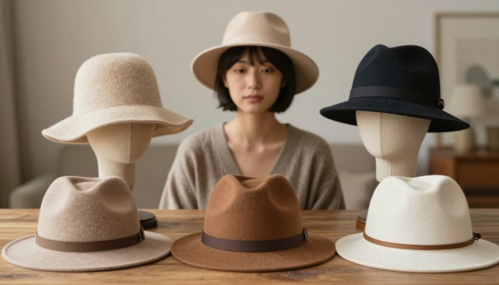 A stylish composition featuring a variety of hat materials—wool, cashmere, and cotton—arranged artistically in the foreground. Each hat showcases different textures and colors, symbolizing their unique effects on short hair. In the middle, a soft-focus model wearing a chic, casual outfit displays a well-fitted hat that complements her short hairstyle, demonstrating harmony between the hat and her head shape. The background features a muted, cozy home setting with warm lighting that enhances the textures of the materials. The mood is inviting and stylish, capturing the essence of personal expression through headwear. Use a soft lens to create a dreamy effect, emphasizing the material qualities.