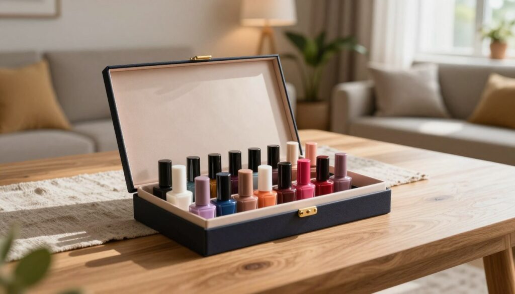 A stylish, elegant nail polish box prominently displayed in a cozy apartment setting. In the foreground, the box is open, showcasing an array of vibrant nail polish bottles in various colors and sizes. The middle ground features a chic wooden table with a soft, textured tablecloth, adding warmth and comfort to the scene. In the background, a well-decorated living room with indoor plants and warm lighting creates a welcoming atmosphere. Use natural light streaming through a window to cast soft shadows, enhancing the inviting vibe. Shot with a close-up lens that focuses on the box and polishes, emphasizing their colors and textures. The overall mood is organized, stylish, and inviting, perfect for displaying a nail polish collection in a home.