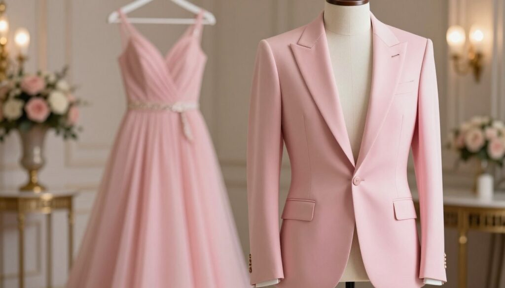 A stylish, elegant wedding jacket (marynarka) carefully tailored to complement various shades of pink dresses. The foreground features the jacket expertly draped on a mannequin, showcasing its sophisticated design, fabric texture, and vibrant color that harmonizes with soft pink hues. In the middle, a slightly blurred pink dress hangs gracefully, hinting at its flowing fabric and elegant silhouette. The background includes a softly lit, atmospheric setting reminiscent of an upscale wedding venue with delicate floral arrangements and soft lighting creating a warm, inviting ambiance. The scene captures a sense of elegance and celebration, emphasizing the jacket's role in formal occasions. The lighting is soft and flattering, highlighting details without harsh shadows.