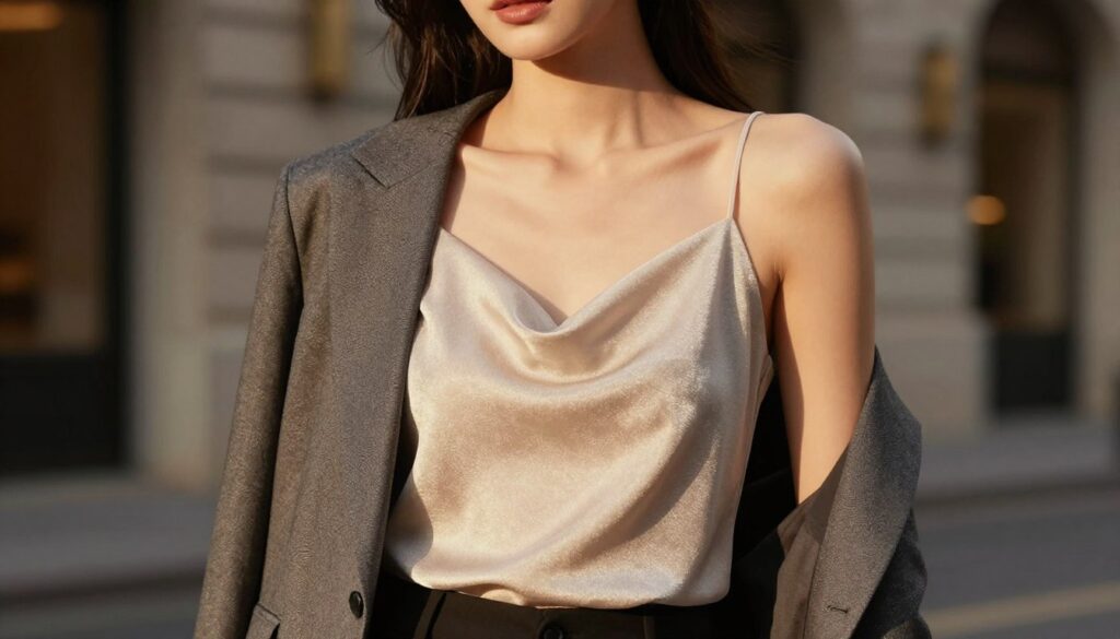 A stylish evening top with delicate spaghetti straps, elegantly draped and made from a luxurious fabric, features a subtle shimmering effect. The foreground showcases a model wearing this top, paired with a tailored blazer that exudes sophistication, suitable for both professional and social settings. Her expression is confident and poised, embodying the essence of modern femininity. In the middle, a softly lit environment creates a warm and inviting atmosphere, while in the background, hints of an upscale urban setting blur gently, suggesting an evening out. The lighting is soft and diffused, casting flattering shadows that accentuate the top's design. Shot at a slight angle to highlight the layering of the outfit and convey a sense of movement, the overall mood feels chic and polished, ideal for a night out or professional gathering.
