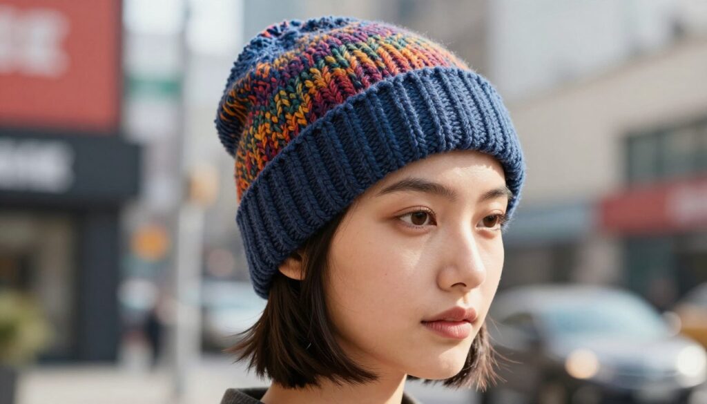 A stylish model wears a fashionable beanie, showcasing its versatility with short hair. The scene focuses on the model's head and shoulders, emphasizing the beanie's texture and fit. The foreground is crisp, highlighting the intricate knit pattern of the beanie in vibrant colors. The middle ground features a softly blurred urban environment, suggesting a casual, trendy atmosphere. Soft, natural lighting illuminates the model's face, casting gentle shadows that enhance facial features. A slight angle captures the model’s confident expression, creating an approachable and inviting mood. The background hints at a vibrant cityscape, creating a contrast that allows the model and beanie to stand out.